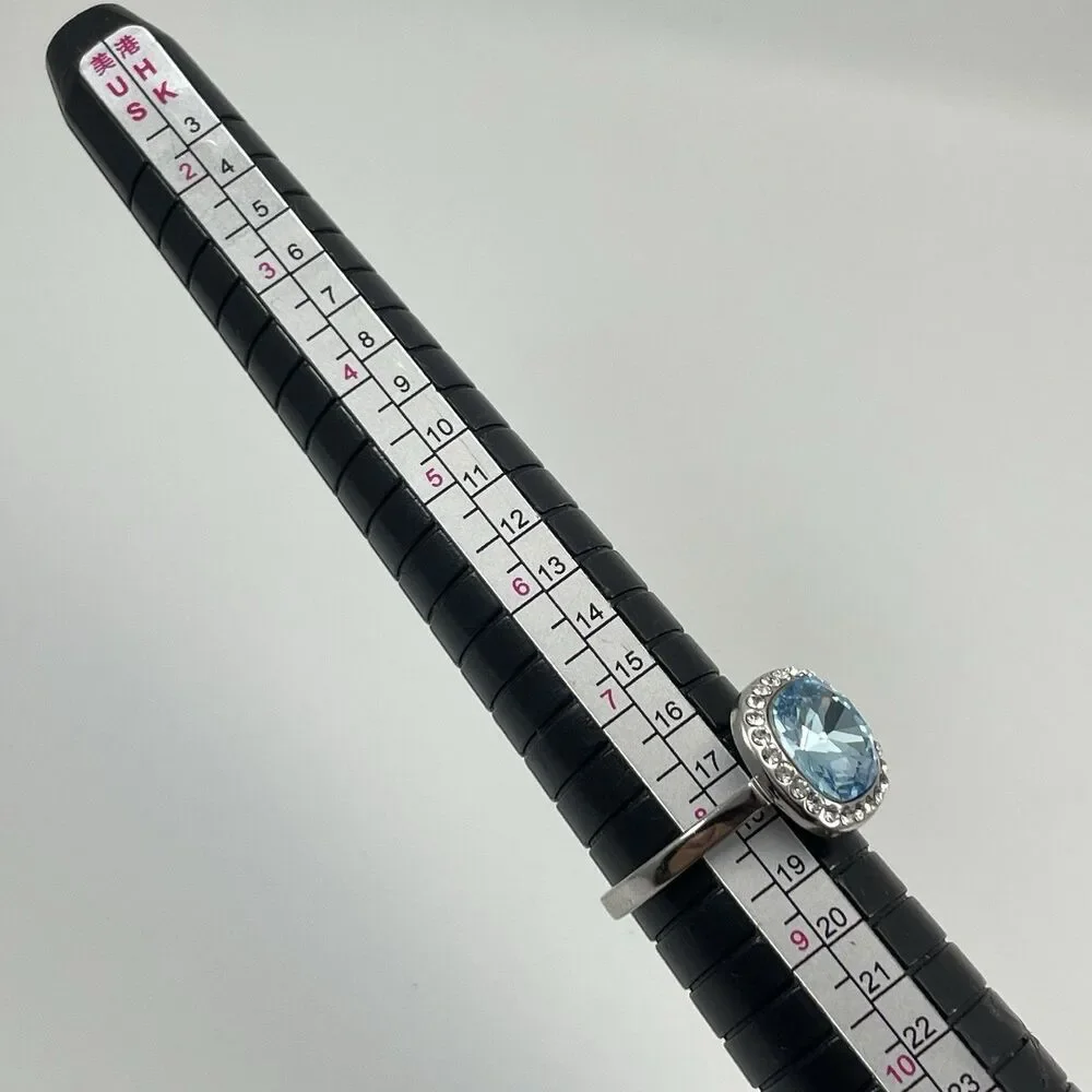 Silver Tone Blue Cushion Cut Glass Halo Statement Cocktail Ring Sz 8 Boho Cute